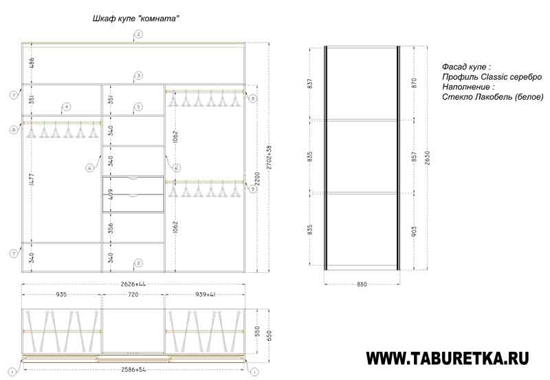 Чертеж встроенного шкафа купе